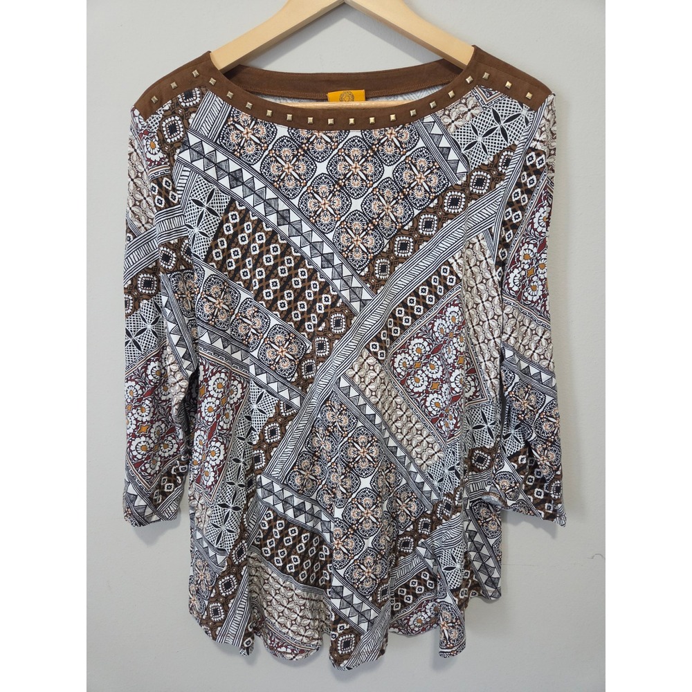 Ruby Rd Womens XL Patchwork Print Studded Boat Neck 3/4 Sleeve Top Brown Tan